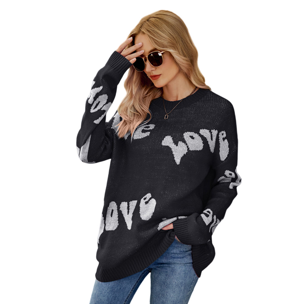 YESFASHION Letter Jacquard Long Sleeve Pullover Sweaters