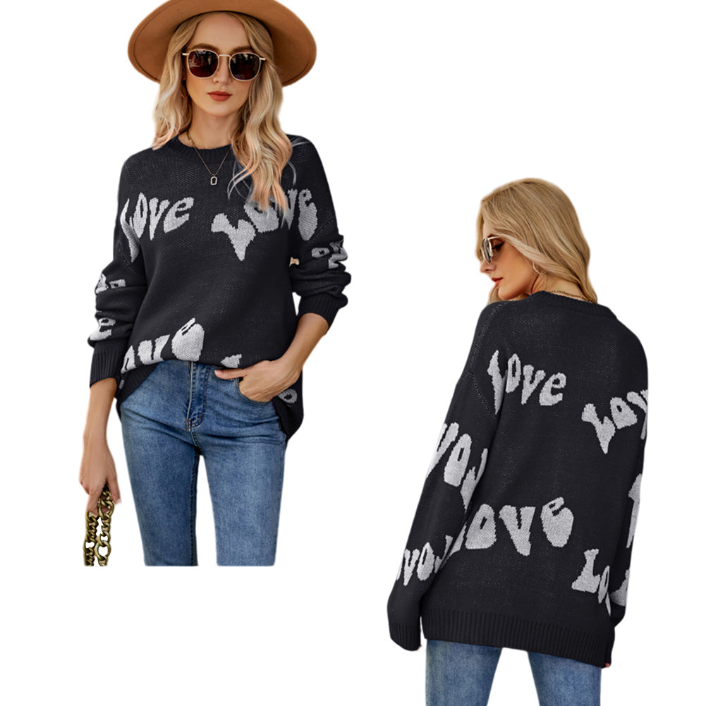 YESFASHION Letter Jacquard Long Sleeve Pullover Sweaters