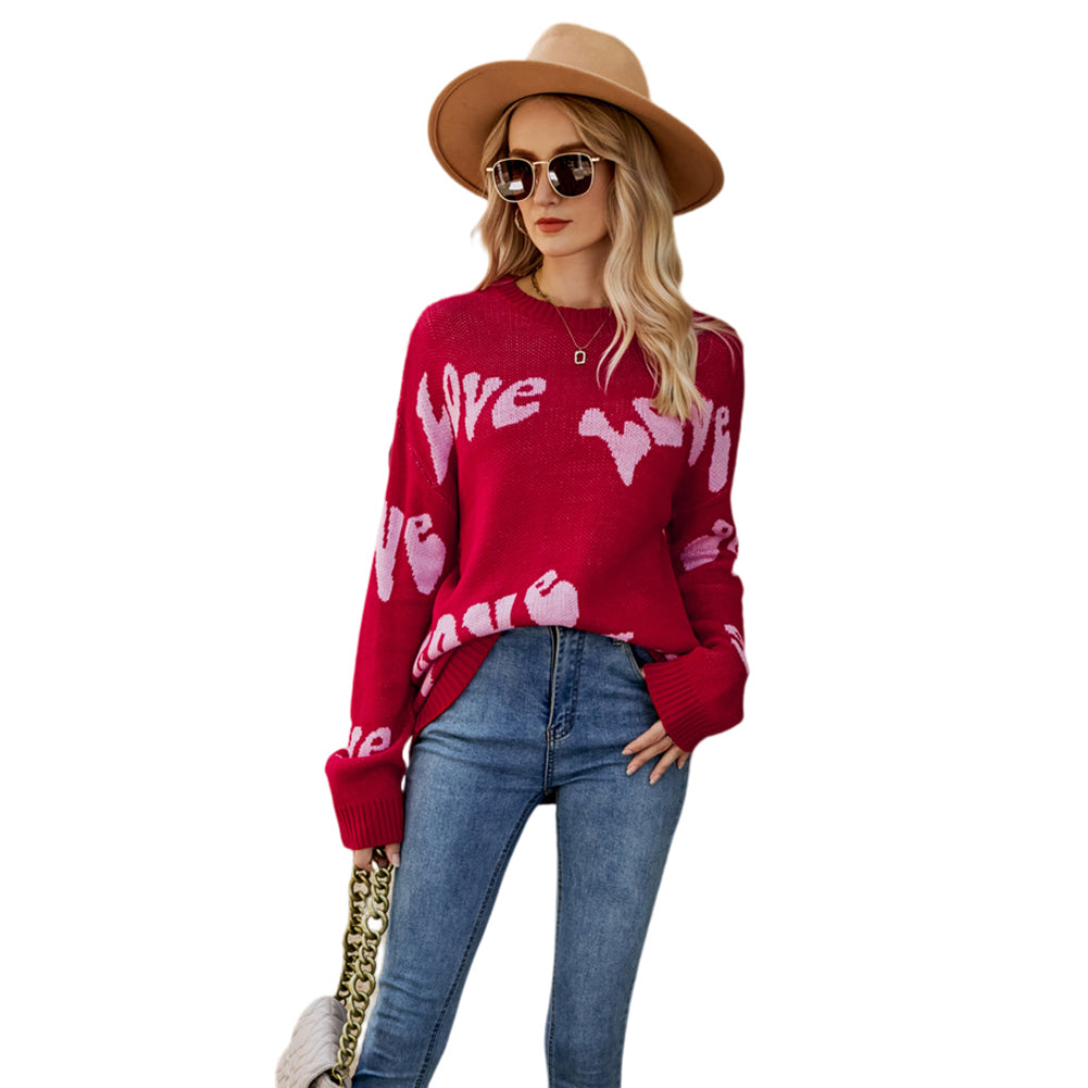 YESFASHION Letter Jacquard Long Sleeve Pullover Sweaters