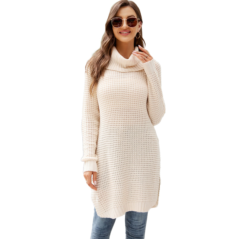 YESFASHION Solid Versatile Knit Slit Turtleneck