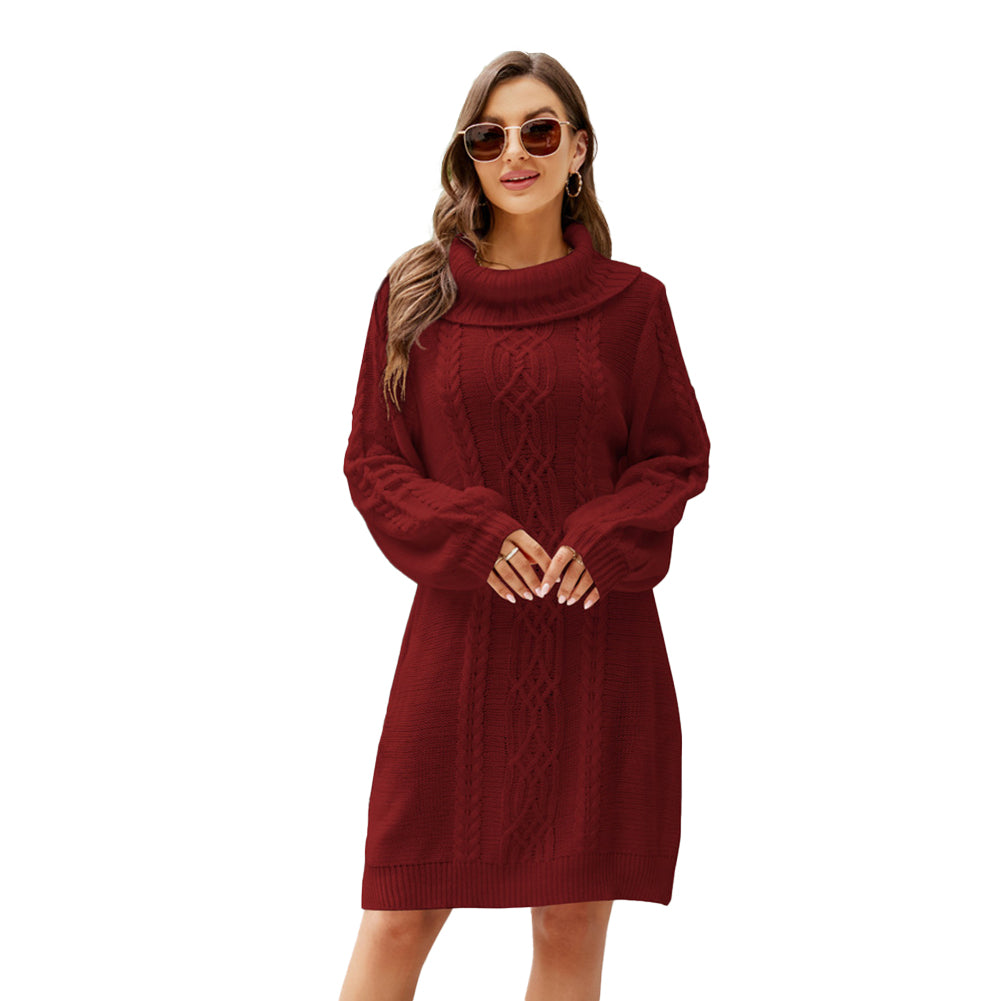 YESFASHION Solid Cable Long Turtleneck Sweaters