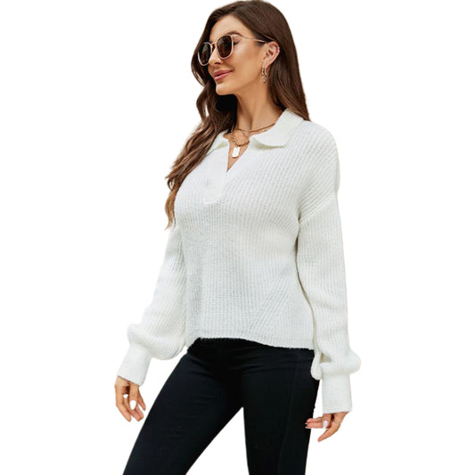 YESFASHION Pullover Knit Long Sleeve Lapel Neck Sweaters