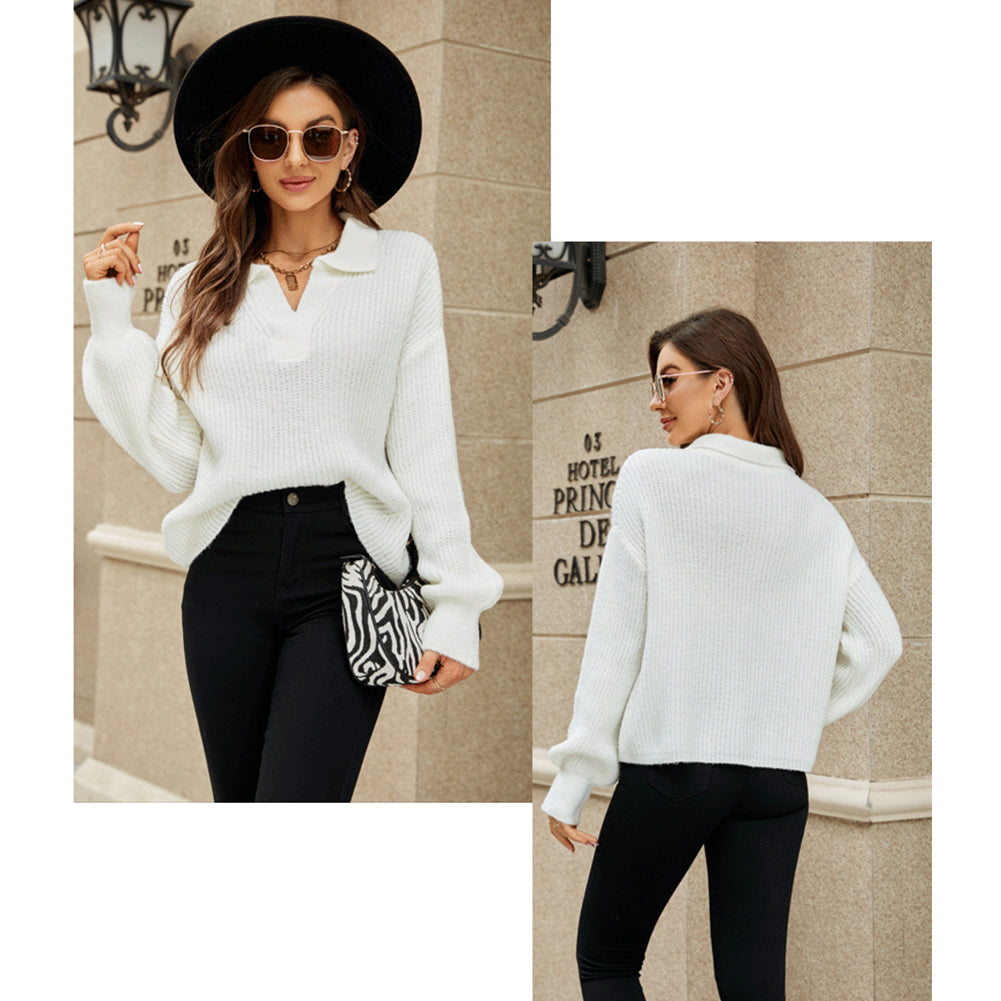 YESFASHION Pullover Knit Long Sleeve Lapel Neck Sweaters