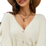 YESFASHION Solid Oversized Puff Sleeve V-neck Knit Cardigan Sweaters