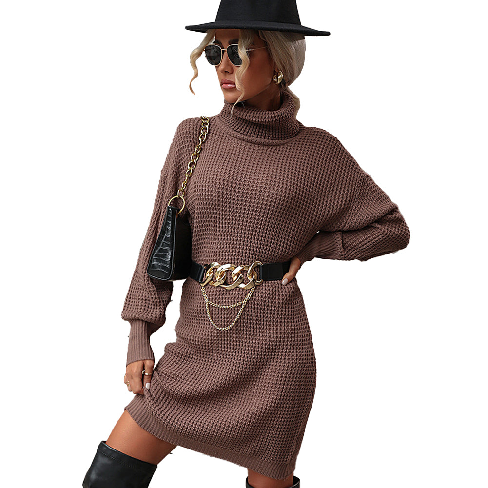 YESFASHION Fashion Long Sleeve Solid Turtleneck Dress Women