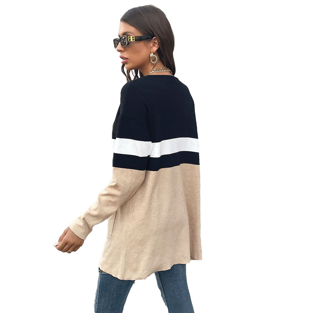 YESFASHION Women Fashion Contrast Coats Sweaters Cardigan Jacket