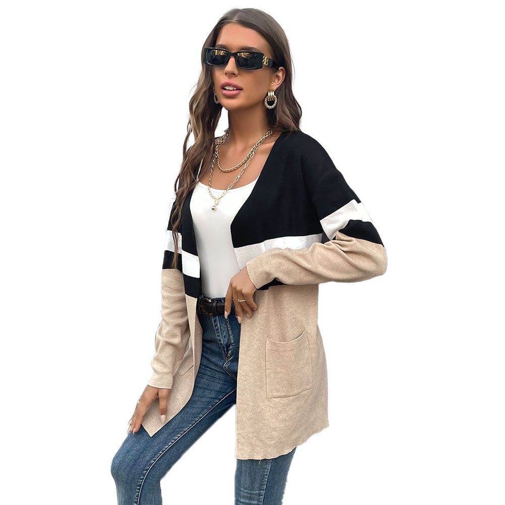 YESFASHION Women Fashion Contrast Coats Sweaters Cardigan Jacket
