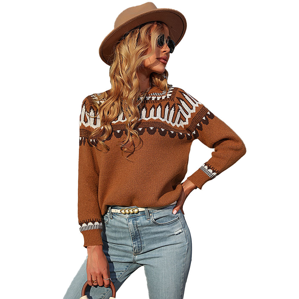 YESFASHION Women Fashion Loose Brown Long Sleeve Sweaters