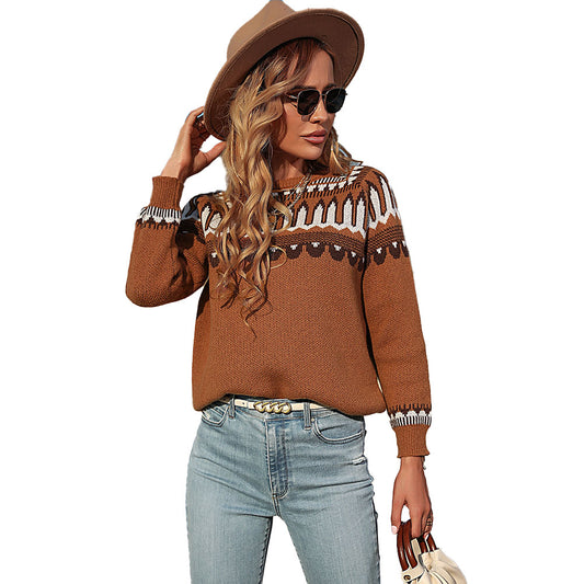YESFASHION Women Fashion Loose Brown Long Sleeve Sweaters