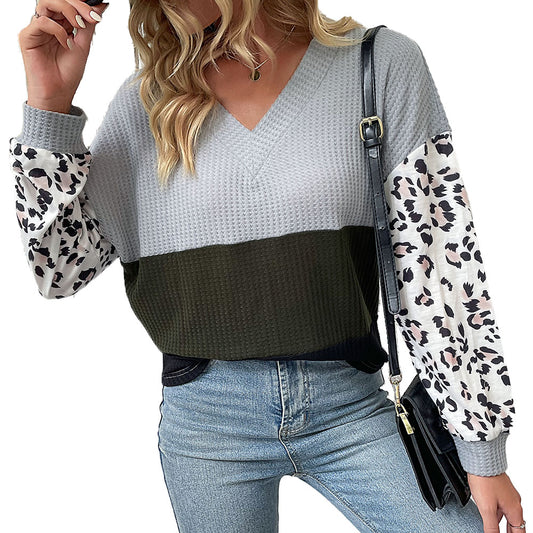 YESFASHION Casual Fashion Tops V-neck Leopard Knit Sweaters