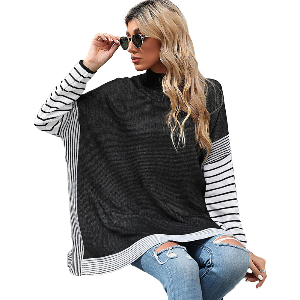 YESFASHION Women Long Sleeve Striped Turtleneck Loose Sweaters