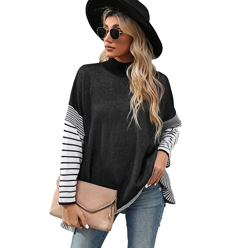 YESFASHION Women Long Sleeve Striped Turtleneck Loose Sweaters