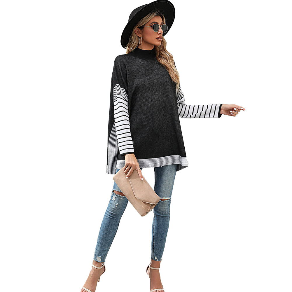 YESFASHION Women Long Sleeve Striped Turtleneck Loose Sweaters