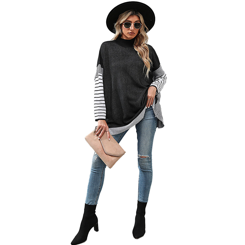 YESFASHION Women Long Sleeve Striped Turtleneck Loose Sweaters