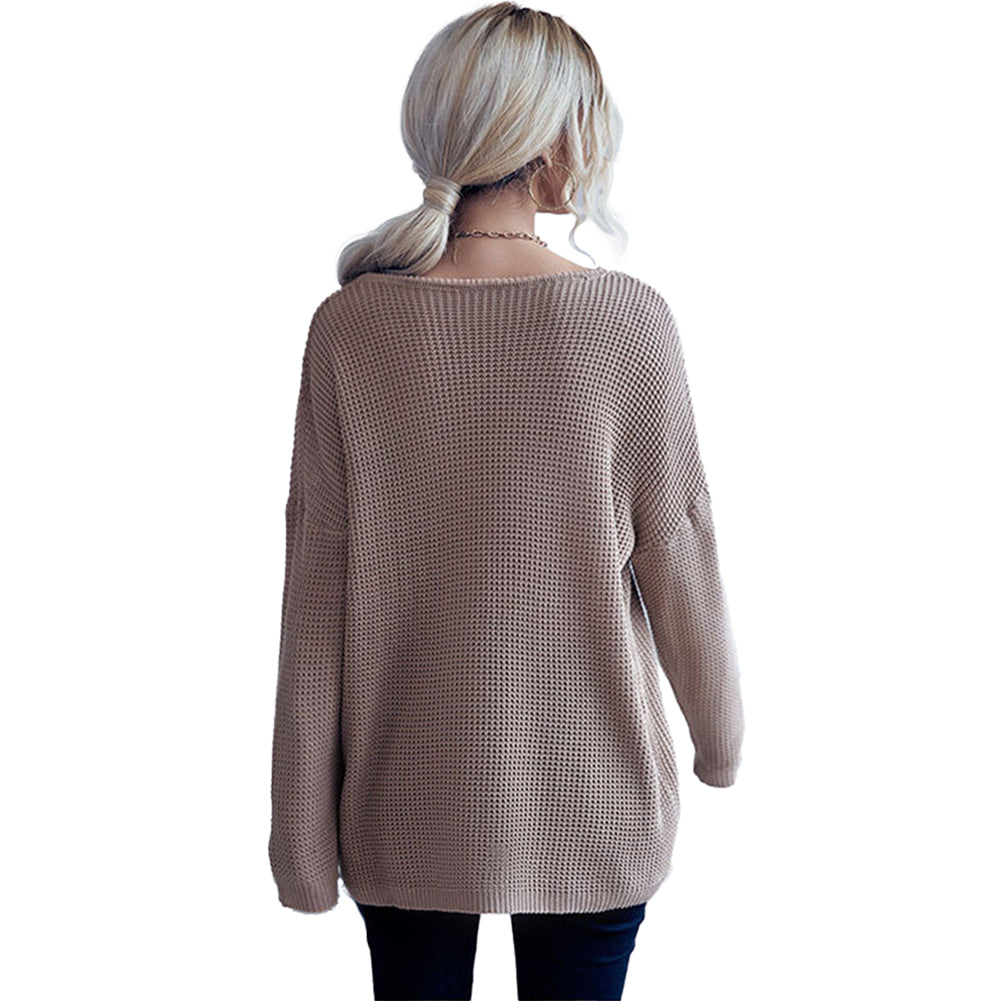 YESFASHION Casual Women Loose Long Sleeve V-neck Chunky Sweaters