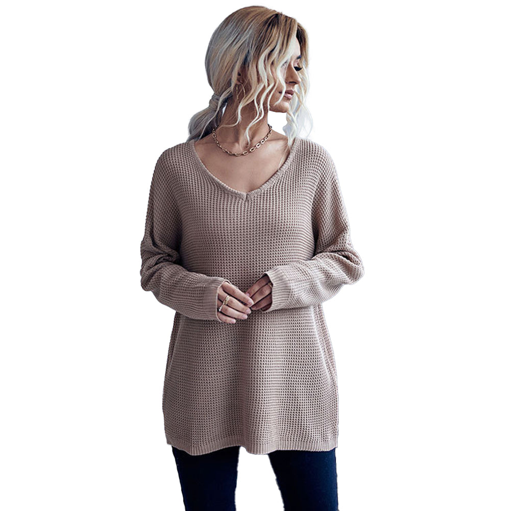 YESFASHION Casual Women Loose Long Sleeve V-neck Chunky Sweaters
