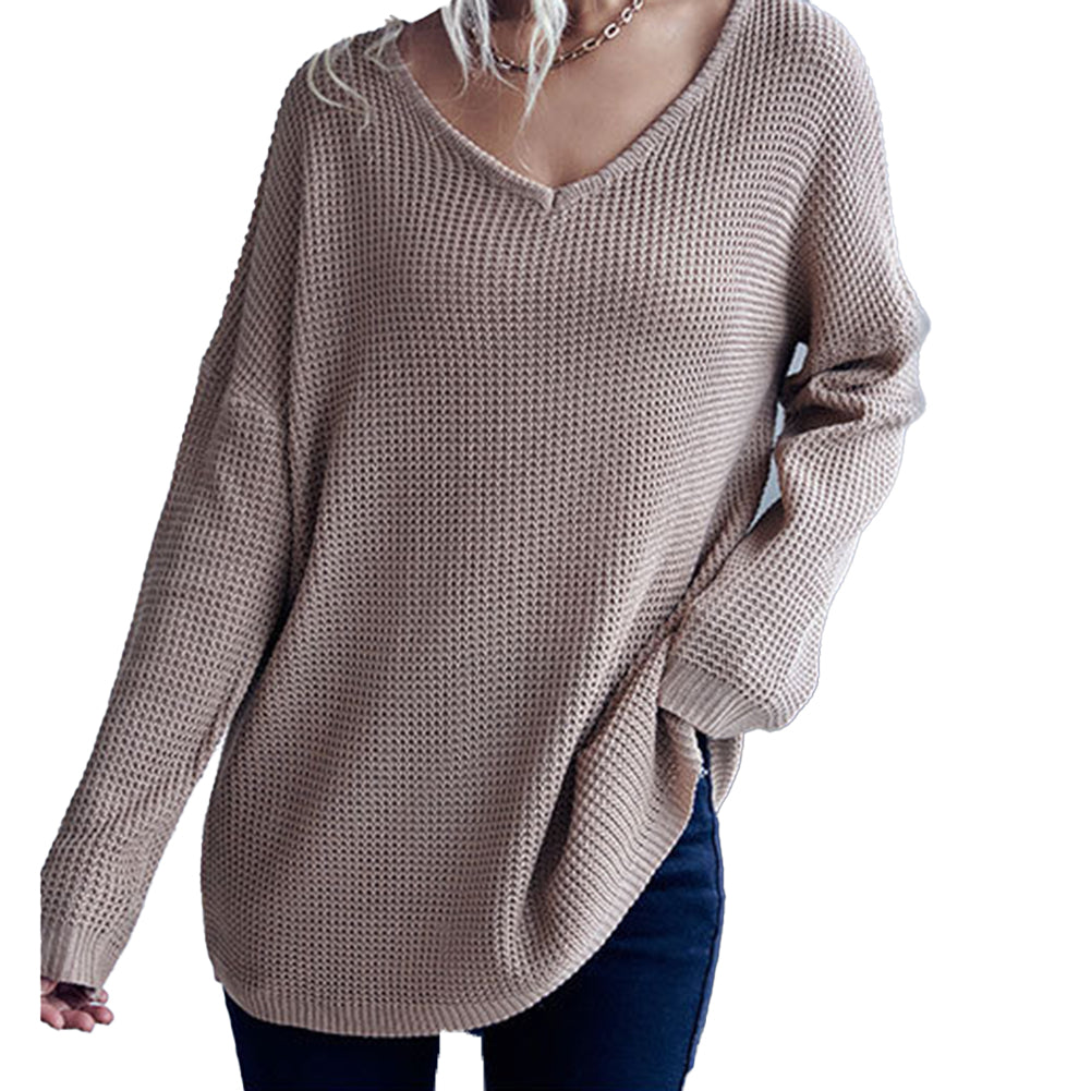 YESFASHION Casual Women Loose Long Sleeve V-neck Chunky Sweaters
