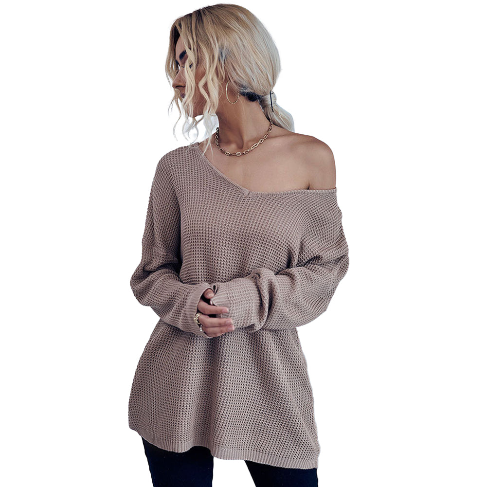 YESFASHION Casual Women Loose Long Sleeve V-neck Chunky Sweaters