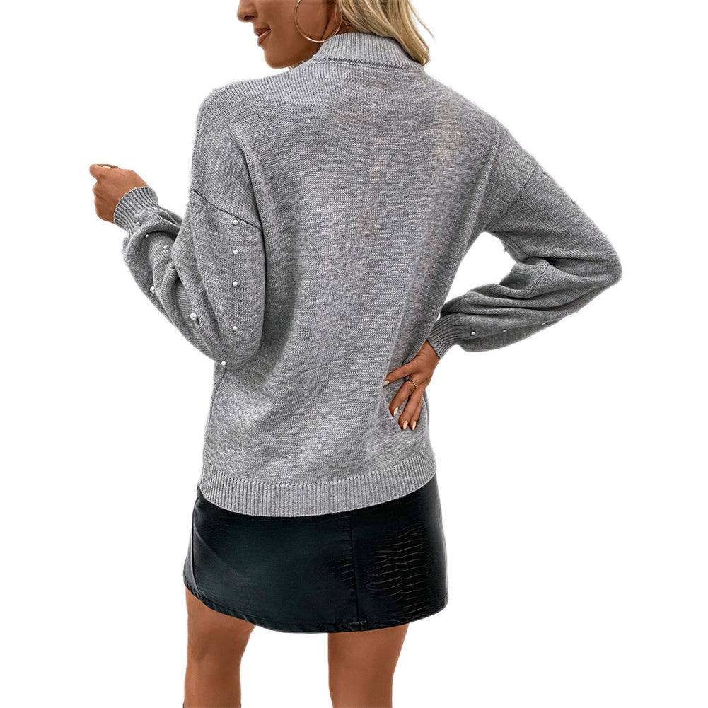 YESFASHION Fashion Long Sleeve Solid Beaded Loose Sweaters
