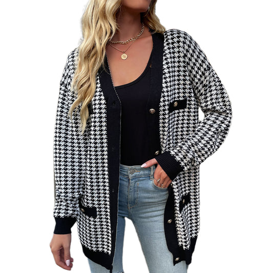 YESFASHION Long Sleeve Houndstooth Sweater Cardigan Sweaters