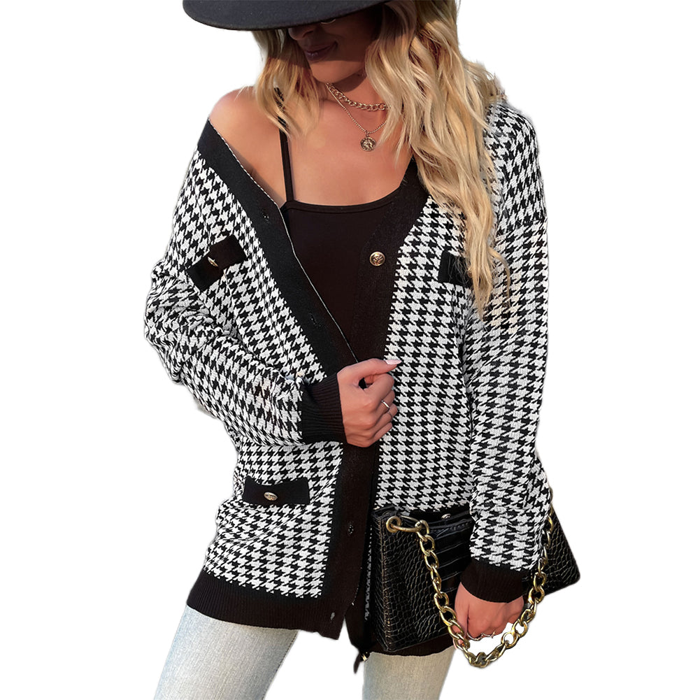 YESFASHION Long Sleeve Houndstooth Sweater Cardigan Sweaters