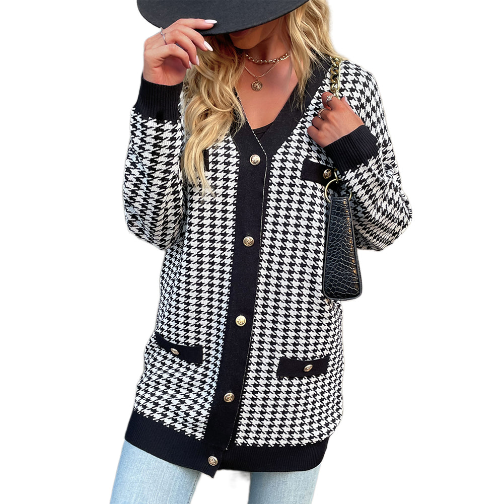 YESFASHION Long Sleeve Houndstooth Sweater Cardigan Sweaters