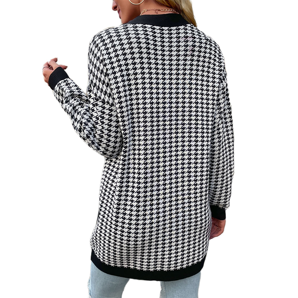 YESFASHION Long Sleeve Houndstooth Sweater Cardigan Sweaters