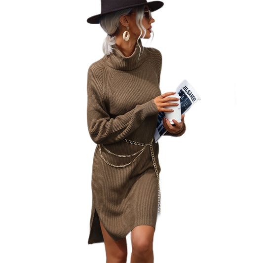 YESFASHION Loose Long Sleeve Solid Turtleneck Dress