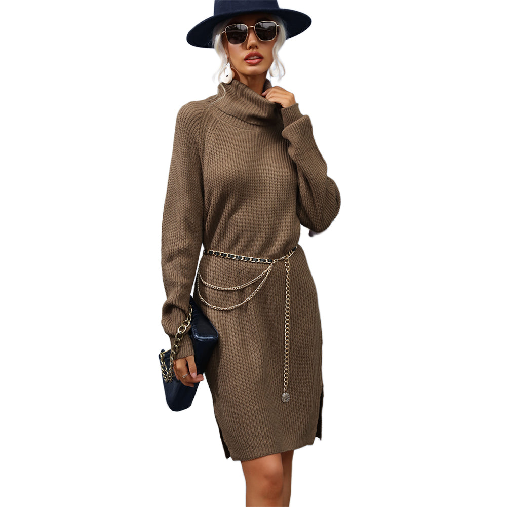 YESFASHION Loose Long Sleeve Solid Turtleneck Dress