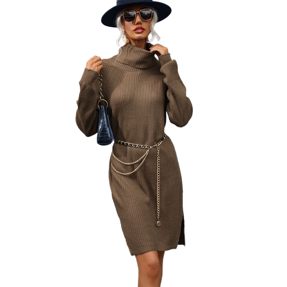 YESFASHION Loose Long Sleeve Solid Turtleneck Dress