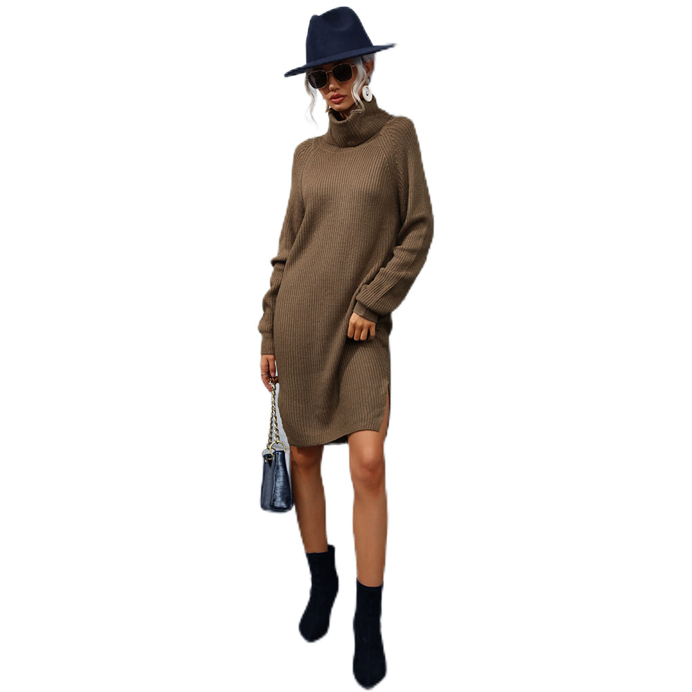 YESFASHION Loose Long Sleeve Solid Turtleneck Dress