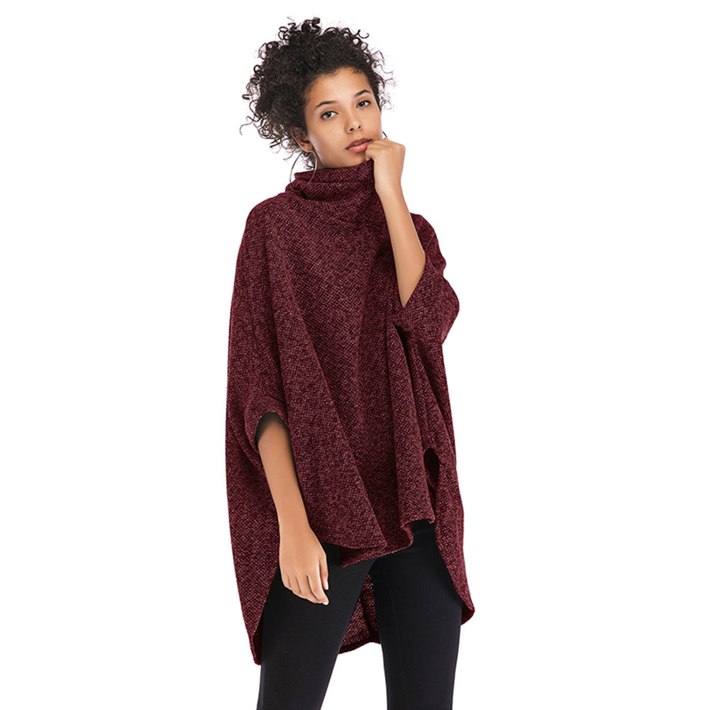 YESFASHION Cape Length Knitted Cape Turtleneck Mid Length