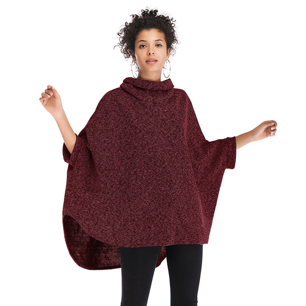 YESFASHION Cape Length Knitted Cape Turtleneck Mid Length