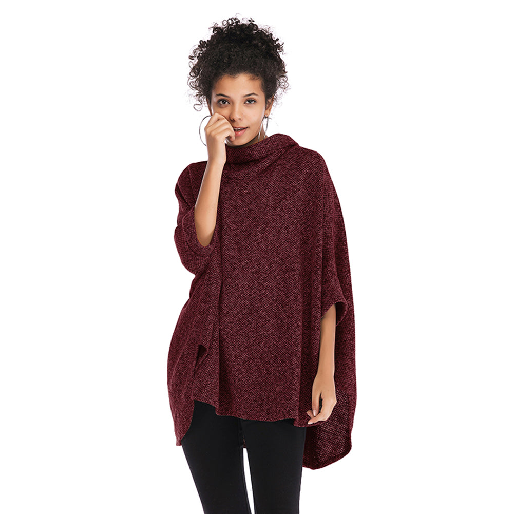 YESFASHION Cape Length Knitted Cape Turtleneck Mid Length