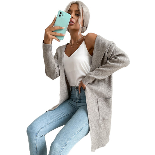 YESFASHION Women Hooded Pit Knit Sweaters Cardigan