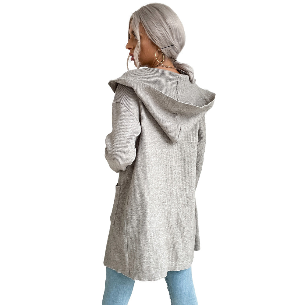 YESFASHION Women Hooded Pit Knit Sweaters Cardigan