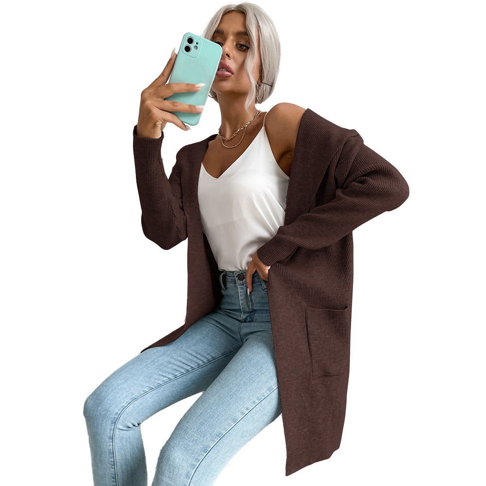 YESFASHION Women Hooded Pit Knit Sweaters Cardigan