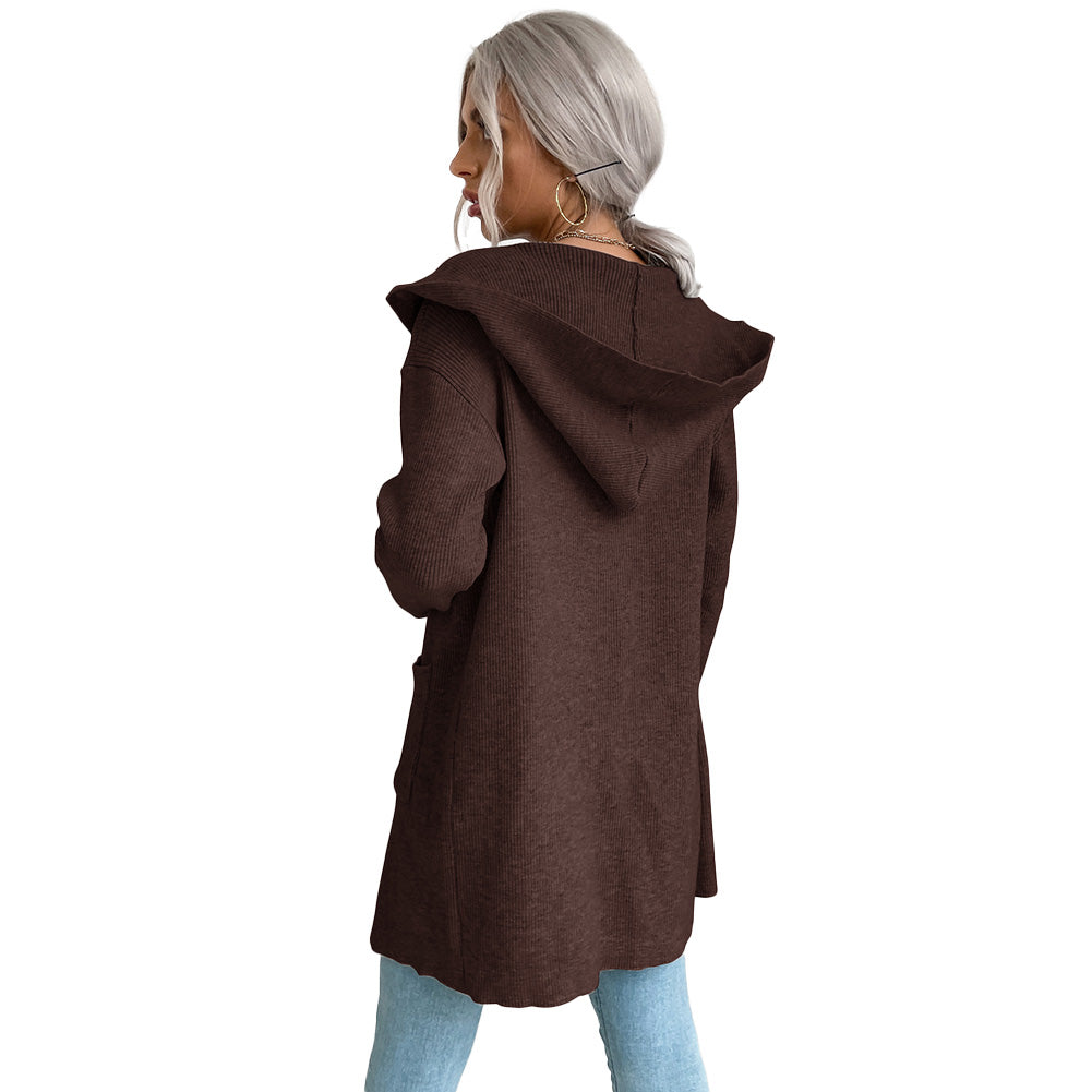 YESFASHION Women Hooded Pit Knit Sweaters Cardigan
