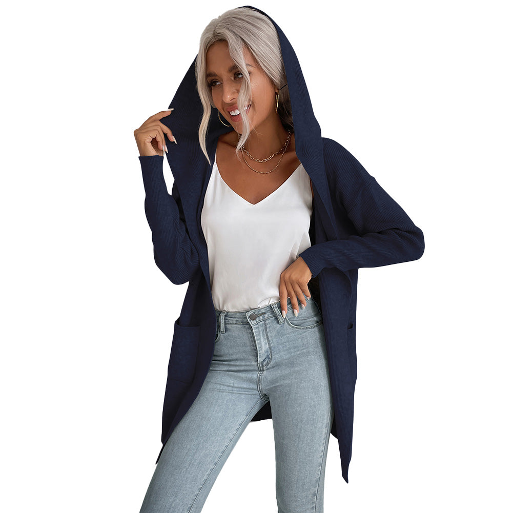 YESFASHION Women Hooded Pit Knit Sweaters Cardigan