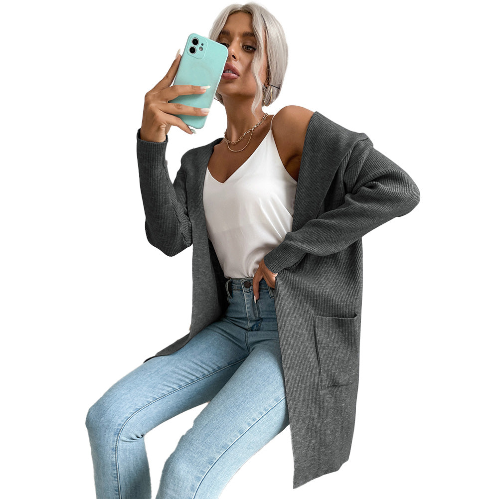 YESFASHION Women Hooded Pit Knit Sweaters Cardigan