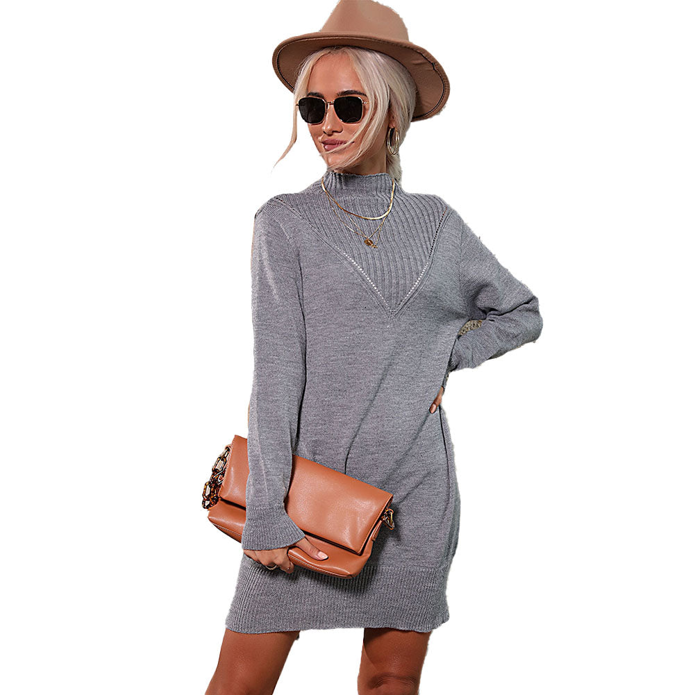 YESFASHION Women Long Sleeve Solid Half Turtleneck Sweater Dress