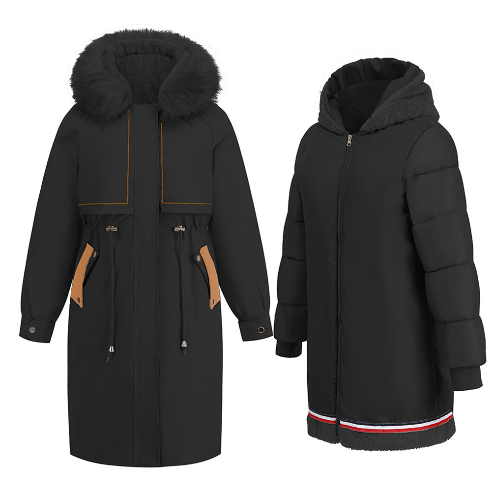 YESFASHION Mid-length Warm Zipper Coat Wool Collar Fleece Jacket Set