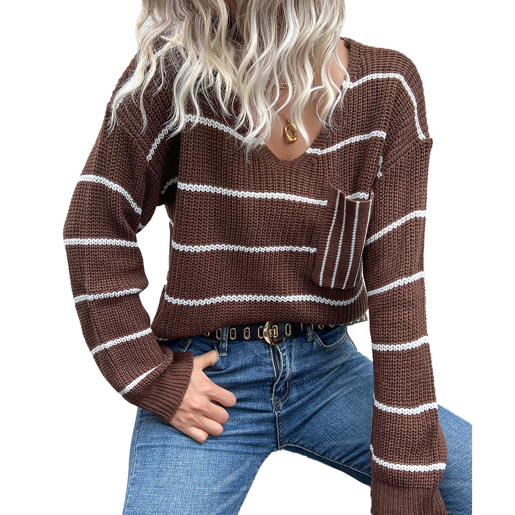 YESFASHION Casual Fashion Women V-neck Striped Sweaters