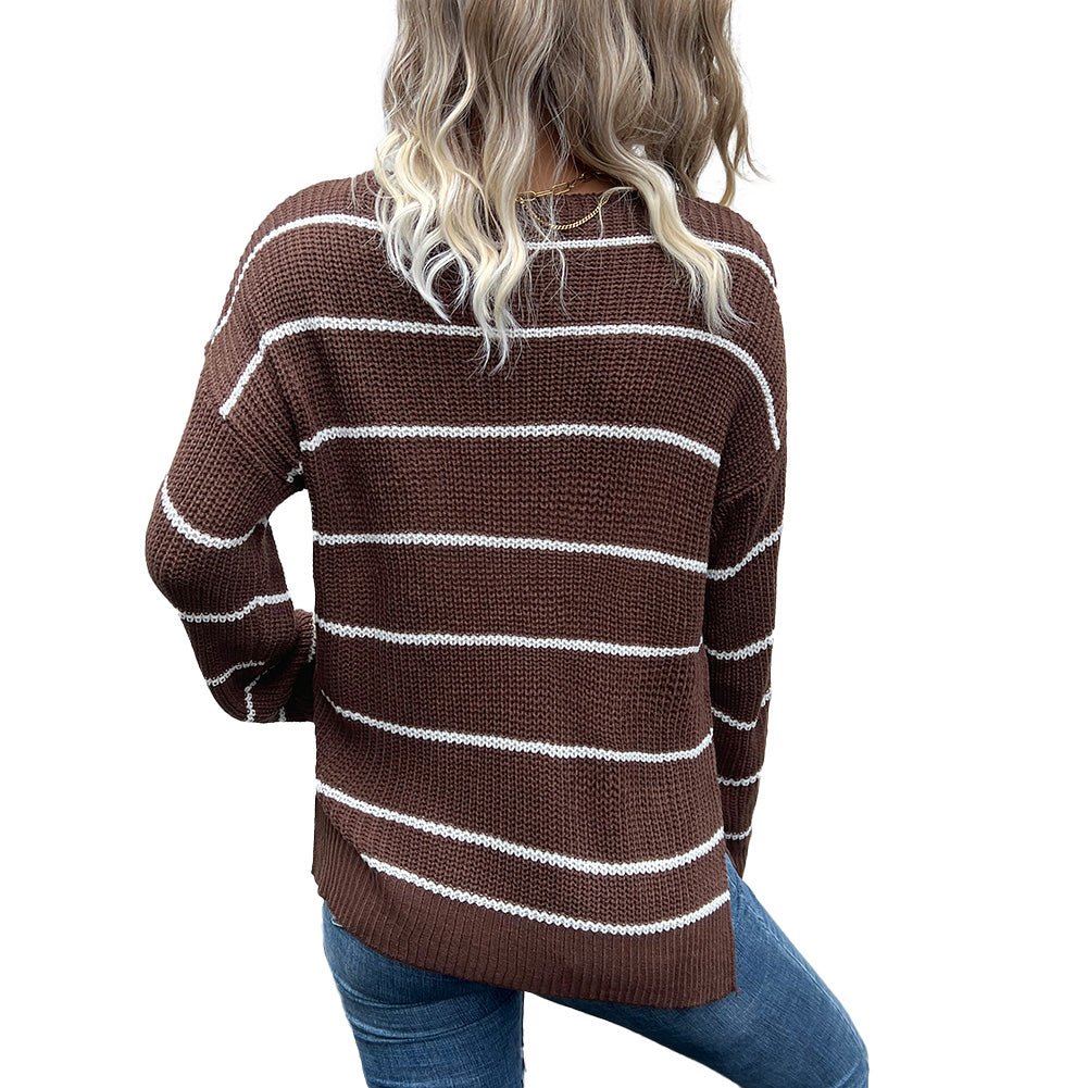 YESFASHION Casual Fashion Women V-neck Striped Sweaters
