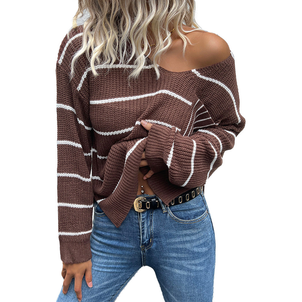 YESFASHION Casual Fashion Women V-neck Striped Sweaters