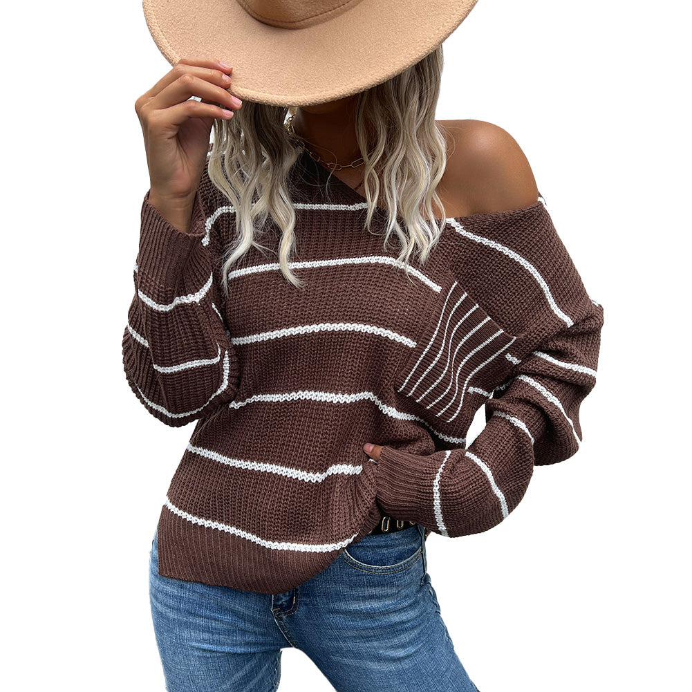 YESFASHION Casual Fashion Women V-neck Striped Sweaters