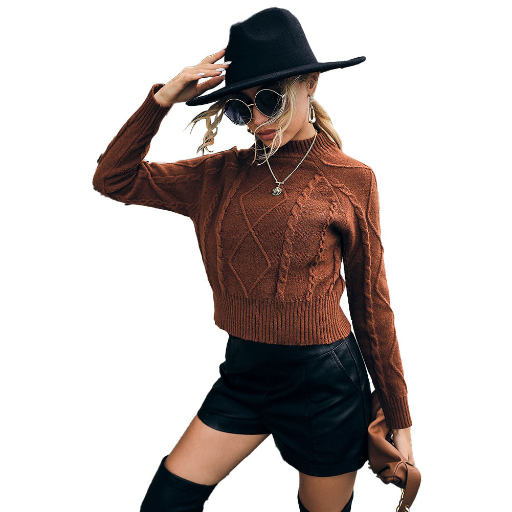YESFASHION Women Long Sleeve Solid Color Cropped Sweaters