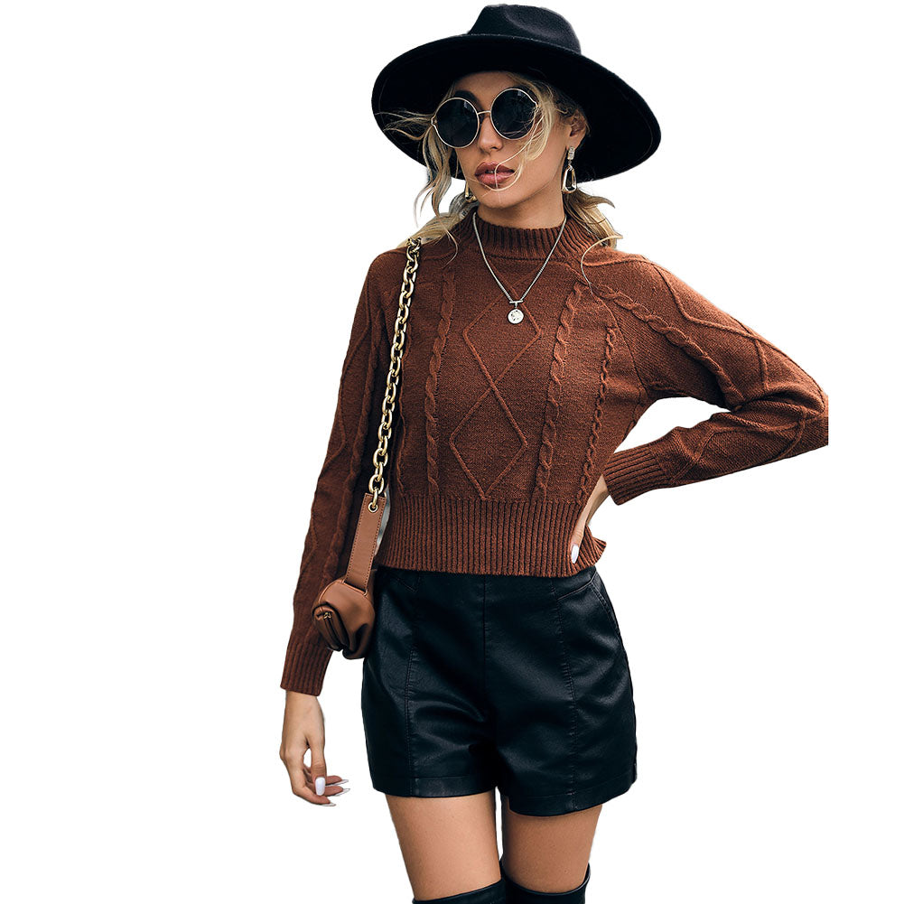 YESFASHION Women Long Sleeve Solid Color Cropped Sweaters