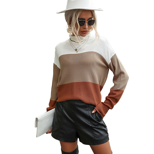 YESFASHION Women Long-sleeved Color-block Turtleneck Sweaters