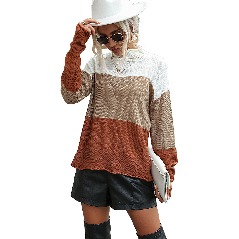 YESFASHION Women Long-sleeved Color-block Turtleneck Sweaters